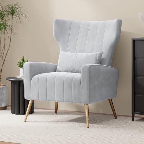 Hawthyhome Sillón Orejero Roma Nórdico, Butaca Pequeña para Salón y Dormitorio, Sillón de Lectura Individual con Patas de Metal y Tapizado en Gamuza, Ideal para Ver la TV/Leer, Gray