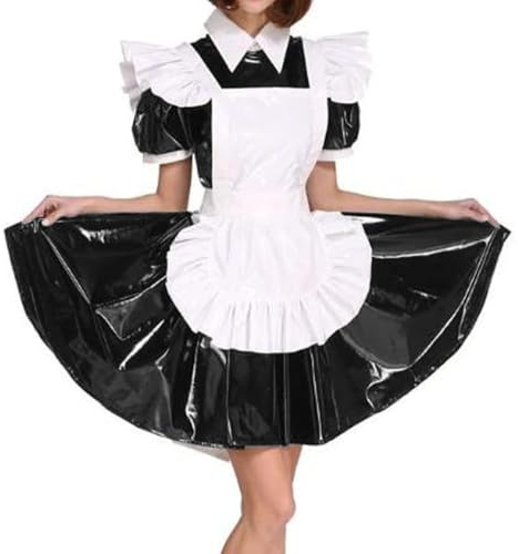 ERFSQIYALHJ Dienstmädchen Kleid Puffärmel PVC Leder Französisch Dienstmädchen Kostüm Lolita Schürze Kleid