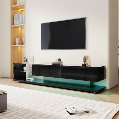 OLIVIBED TV Board con iluminación LED Variable, Mueble bajo para TV con 2 cajones y Estante de Cristal, Mesa de televisión para televisores de hasta 75 Pulgadas, Armario para Sala de Estar, Comedor