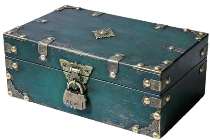 CZCMYAU Holzschatzkiste mit Schloss, Vintage-Piraten-Schatzkiste, dekorative Holzaufbewahrungsbox 24 x 17 x 10 cm, rustikale Schmuckschatulle mit Deckel zur Aufbewahrung und Dekoration