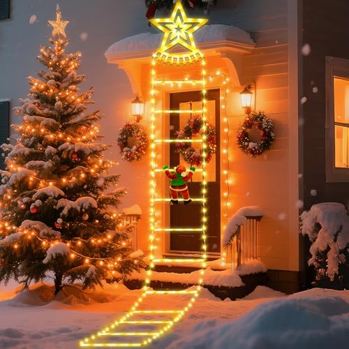 Qoosea Luci Natalizie con Babbo Natale, 3m Forma di Scala Luminosa Natale con Stella, Timer e Memoria, 8 Modalità Luci Decorazioni Natalizie per Giardino, Finestre, Balcone, Bianco Caldo