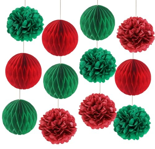 12 Stück Hängende Waben, Weihnachten Papier Wabenbälle Rot Grün Paper Pompons Seidenpapier Pompom Baumschmuck Weihnachten für Weihnachtsbaum Deko (12 rot grün papierball)