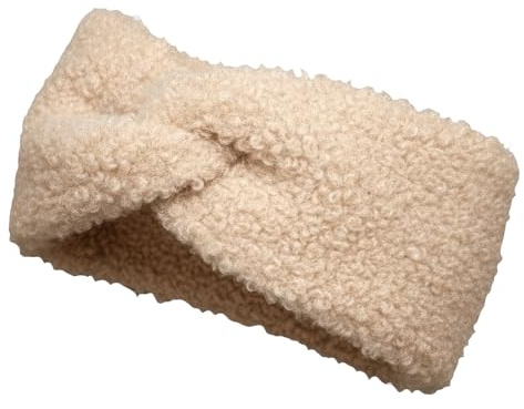styleBREAKER Bandeau femme aspect fourrure teddy,Beige | Bandeau torsadé, 21 cm, extensible (56-59 cm), 100% viscose, protège-oreilles chaud.