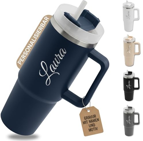 SMARTEON Thermobecher personalisiert mit Namen – Edelstahl Trinkbecher mit Gravur 900ml – Thermosflasche personalisiert – Personalisierter Kaffeebecher mit Strohhalm und Deckel (Blau)