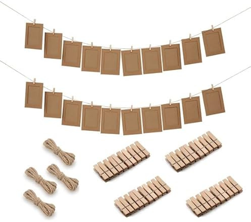VOVCAMLS Pack of 40 Photo 3/4/5/6 InchPhoto Line with Clips Paper Picture Frame with 40 Pieces Wooden Pegs 4 Pieces Hemp Rope for Birthday Party