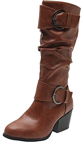 Generisch Botas de mujer de moda con tacón cuadrado empeine cierre de cuero sintético para elegante altura media pantorrilla ajuste cómodo, marrón, 42 EU