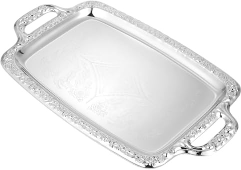 VICASKY Silver Tray Metal Serving Dishes Trays For Food Platter Vintage Tea Decorative Iron Large Plates Round Party Plate Dining Room Tableware Retro Style Lightweight Safe 15.35 X 9.06 X 0.67In