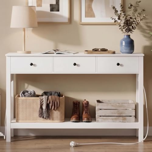 Xbro Mesa de Consola con Tomas de Corriente, Mesa de Pasillo con 3 Cajones y Estante, Mueble Recibidor Entrada para Entrada, Pasillo,Salón,130 x 30 x 80 cm,Blanco