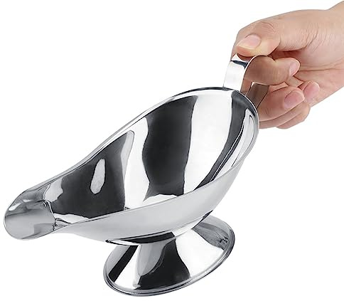 Salsera de acero inoxidable, pico fácil para servir salsa, salsera de metal con base estable para aderezo de carne, cenas, comidas y fiestas festivas (10 onzas)