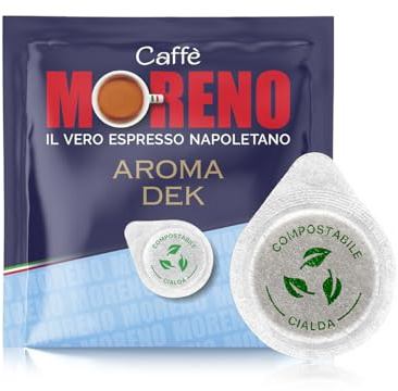 CAFFE' MORENO - 150 Cialde Caffe Dek Compostabili, Compatibili Con Macchina Caffè Cialde Sistema ESE44mm, Cialda da 7g, Aroma Intenso e Corposo senza Caffeina, Miscela Decaffeinato Espresso