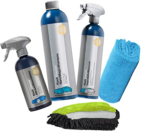 detailmate Auto Juego de Lavado: KochChemie Eliminador de Insectos & Suciedad 750ml + Nano Magic Champú 750ml + Allround Quick Shine 500ml + Insect & Dirt Remover 750ml + 3en1 manopla Microfibra