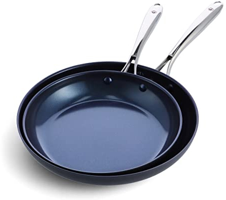 Blue Diamond Cookware 10 and 12 Skillet Frying Pan Set, Hard Anodized Healthy Ceramic Nonstick PFAS & PFOA-Free, Dishwasher & Oven Safe, Even Heating, Metal Utensil Safe, Warp Control, Grey