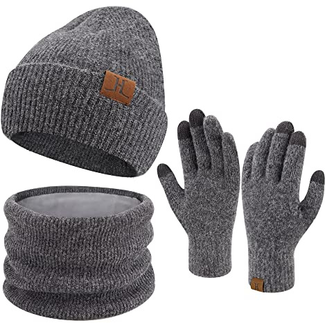 ZASFOU Damen Winter Beanie Mütze Schal Touchscreen Handschuhe Set Warme Wintermütze Loop Schal Schlauchschal Winterhandschuhe Weihnachten Geschenk für Frauen