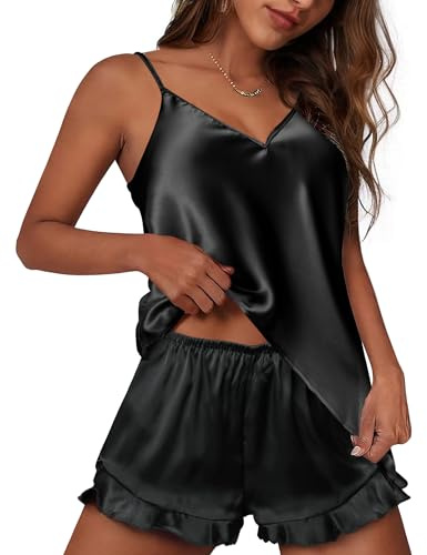 Ekouaer Ensemble de Pyjama pour Femme en Satin de Soie pour Toutes Les Saisons Pyjama en Satin de Soie pour Femme,Noir,S