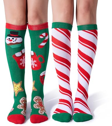 Giggling Getup Confezione da 2 calzini invernali da donna alti al ginocchio, caldi e morbidi, per Natale, regali di compleanno, Multicolore, taglia unica