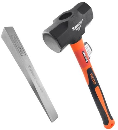 WEDO Martello da slitta da 1,4 kg e cuneo flangiato 2PCS Set,Trapanatura/Crack Hammer con manico in fibra di vetro,Cuneo spaccato in acciaio inox 200mm,Martello in acciaio ad alto tenore di carbonio