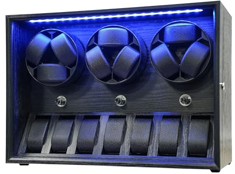 Oryx 9 Watch Winder for Automatic Watches, Rotating Watch Box 5 Rotation Modes Setting Display Case with Extra Watches Storages and LED Light, Lockable Winders USB Powered Super Quiet Mabuchi Motor