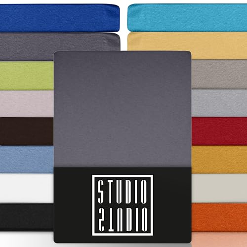 STUDIO Basic Spannbettlaken 200x220cm – Jersey-Spannbetttuch aus 100 % gekämmter Baumwolle – Grau – Öko-Tex Zertifiziert, bügelfrei & elastisch – für Matratzen 15–35 cm