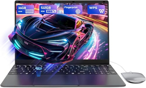 15,6 Ordinateur Portable 16Go RAM 512Go SSD, PC Portable Celeron N5095 CPU, Ouverture à 180° du Portable, Laptop Computer avec écran FHD 1080P, WiFi5, Bluetooth4.2, USB3.0, Webcam, Touch ID