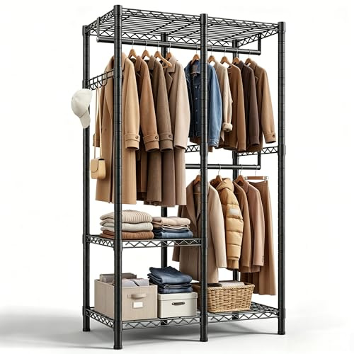 Klyvvo Burro ropa resistente, Armarios dormitorio metálico con 3 estantes regulables en altura, 2 barras para ropa y 4 ganchos, 200 KG de carga, 80x40x194,5 cm, Perchero burro ropa, Negro