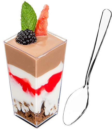 DLux Dessert Cups with Spoons, 90 ml 50 Pcs - Clear Plastic Parfait Appetizer Cups, Square Tall 3 oz Shot Glass Bowl for Party Desserts Appetizers - with Recipe Ebook