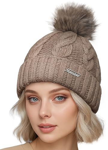 Neverless® Damen Strickmütze mit Fleecefutter und Kunstfell Bommel Zopfmuster Grobstrick Wintermütze Bommelmütze Model 2207