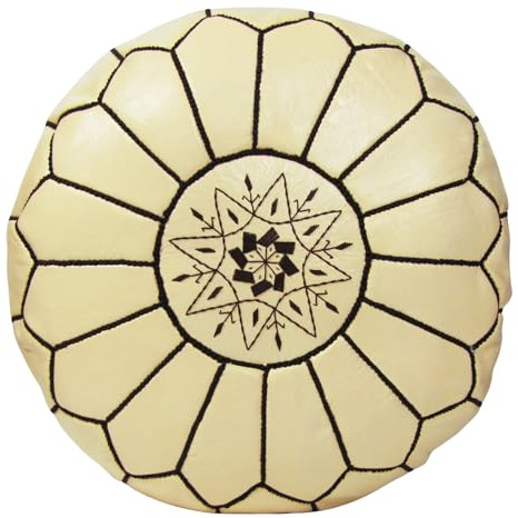 ALMADIH Leder Pouf Creme Echtleder Sitzkissen Beige mit brauner Ziernaht - gefüllt geliefert - Traditionelle Handarbeit – Sitzsack Ottoman marokkanische orientalische Bodenkissen Natur (Pouf Creme)