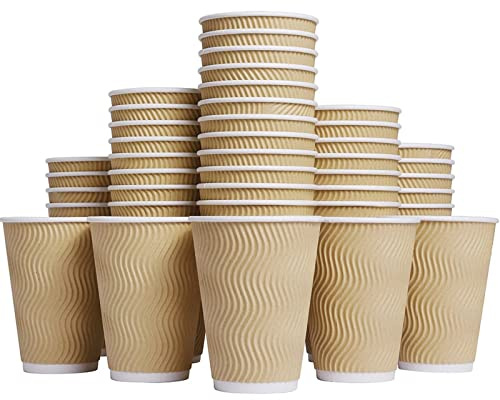 Hot Paper Cups_12 oz Disposable Insulated Corrugated Sleeve Ripple Wall Paper Cup 100 pcs,12oz Cups for Drink，Hot Coffee Cups (Brown)