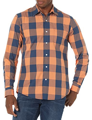 Amazon Essentials mäns Slim-Fit långärmad poplin-skjorta, blå orange buffel, medium
