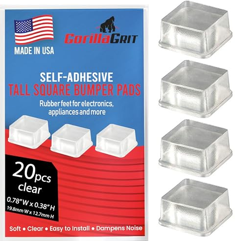 Clear Tall Square Adhesive Rubber Bumper Pads - Rubber Feet for Speakers, Electronics, Furniture, Appliances, Audio Equipment - 20 Pieces