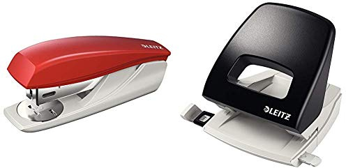 Leitz 55000025 Heftgerät, 25 Blatt, Ergonomisches Kunststoffgehäuse, rot & Locher, 25 Blatt, Anschlagschiene mit Formatvorgaben, Metall, NeXXt, Schwarz, 50050095
