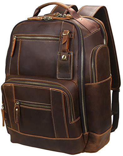 LANNSYNE Mochila vintage de piel de grano completo para hombre de 15.6 pulgadas, para camping, viajes, 24 L, Marrón, Fits 15.6 laptop, Acolchado