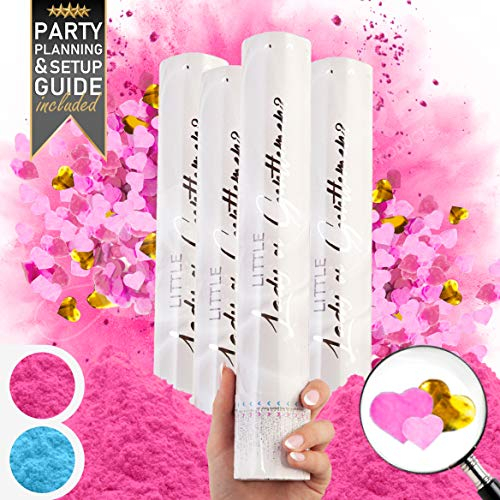 PrimePure Gender Reveal Confetti Cannon - Biodegradable Powder & Heart Shaped Confetti Party Poppers - Pink, Set of 4 - Gender Reveal Smoke Bombs Party Cannon Pop for Baby Girl Baby Shower