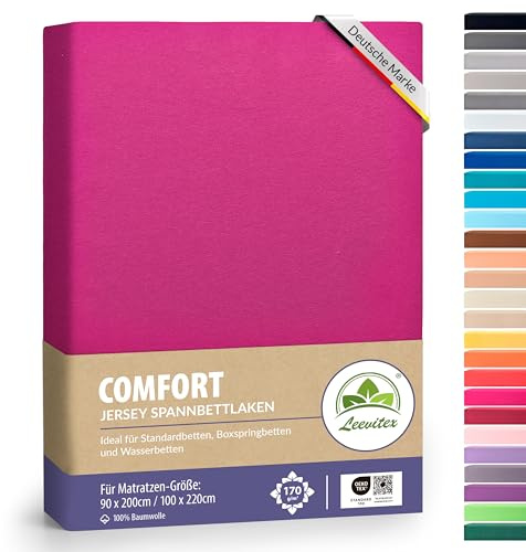 leevitex® Premium Spannbettlaken 90x200-100x220 cm - 40 cm Steg - auch für Boxspringbett & Wasserbett | 100% Mako-Jersey-Baumwolle | ÖKO-TEX | 170g/m² | Pink/Magenta