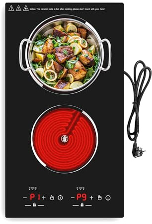 VBGK Placa Vitrocerámica 2 Fuegos 3000W, Doble Placa Eléctrica Táctil con 9 Niveles, Temporizador, Bloqueo Infantil, Empotrable y Portátil, 220V, Compatible con Todos los Utensilios, 220-240V