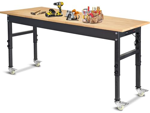 60 Adjustable Work Bench, Rubber Wood Top Workbench Heavy-Duty Work Table with Power Outlet and Wheels, 2000 LBS Load Capacity Hardwood Work Benches for Garage, Workshop, Home, Office, Easy Assembly