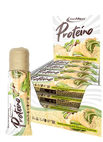 IronMaxx Proteino Protein Bar - Chocolate Blanco Pistacho 12 x 30g | Barrita proteica con barquillo y relleno cremoso | Baja en azúcar, sin gluten ni aceite de palma