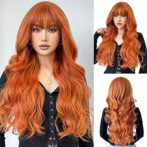 OUFEI Lange Lockige Orange Kunsthaar Pony Perücke für Damen Alltag Cosplay