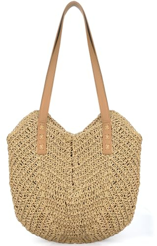 Twirush Large Capacity Straw Shoulder Bag for Women - Summer Beach Weave Handmade Handle Tote Bag With Zipper (Khaki)