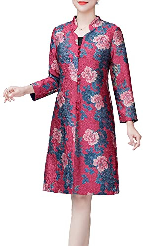 Bitablue Women's Collar Neck Crinkled Reversible Chinese Jacket with Traditional Peony Prints (Purplish red, Large)