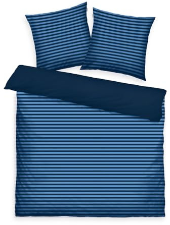 TOM TAILOR Renforcé-Bettwäsche, 2*80x80 cm + 200x220 cm, 100% Baumwolle/ Renforcé, mit Wendemotiv und farbigem Markenreißverschluss, MEDIUM STRIPES Blau (Dark Navy & Cool Blue)