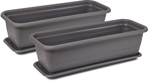 Tymar Blumenkasten mit Untersetzer, 2 Stück, Balkonkasten, Pflanzkasten aus Kunststoff, rechteckiger Blumentopf, Garten, Balkon, Terrasse(Anthrazit, 50x18,7x14,7cm)