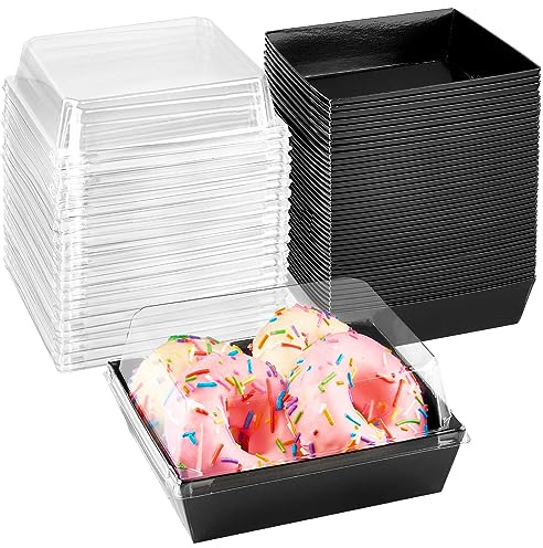 Ocmoiy Charcuterie Boxes with Clear Lids, 5 Inches, 50 Pack, Black | To Go Paper Food Containers, Disposable Bakery Dessert Boxes, For Sandwich, Cookie, Pastry, Cake Slice