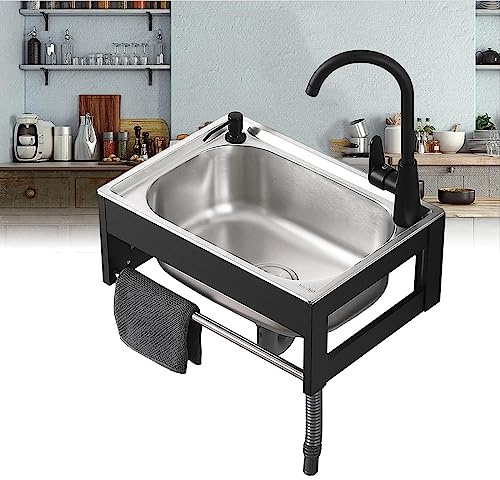 ESOYAWE Wall Mount Kitchen Sink Stainless Steel Prep Utility Sink, Black Commercial Hand Wash Sink, Single Bowl Basin Hand Washing Station, W/Cold and Hot Water Pipe Faucet, Multipurpose Bar Sinks