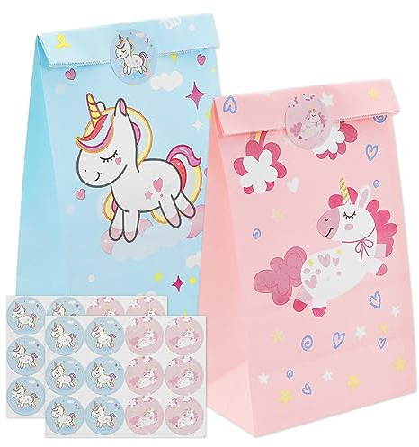 Einhorn-Partytüten für Mädchen, Jungen, Kinder, rosa und blau, Leckereien, Süßigkeiten-Papier-Geschenktüten mit Aufklebern, 24 Stück für Kinder, Einhorn-Thema, Geburtstagsparty, Babyparty,