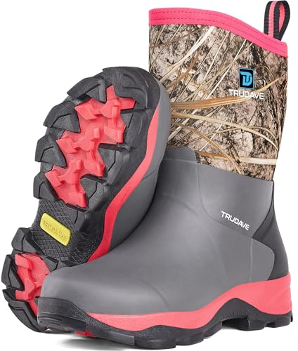 Trudave Rubber Rain Boots for Women, Neoprene Insulated Mud Work Boots, Anti-slip Breathable Mid-calf Womens Waterproof Boots for Garden, Water Fishing, Pink, Size 6