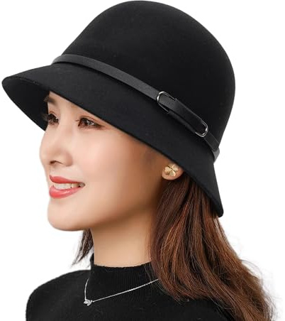 KorhLeoh Chapeau Melon pour Femmes, Chapeau Seau en Laine Noire, Chapeau Chaud d’Hiver Vintage des années 1920, Chapeau Cloche