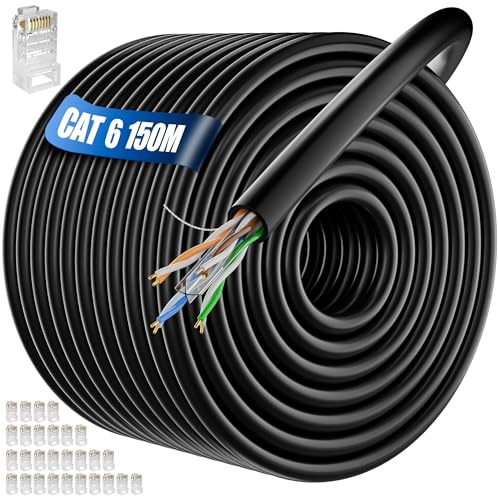ikbc Cable Ethernet 150m Long, Exterieur Bulk 23AWG Cable d'installation | Câble Réseau 150m Cat 6 Cable Internet Haute Débit 250MHz 10/100/1000Mbps, Noir Gigabit Imperméable CCA UTP Cable LAN pour PC