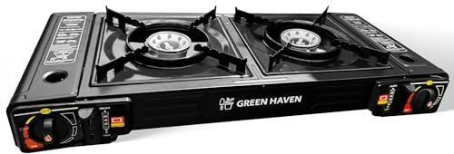 Green Haven Double Burner Camping Stove, Portable Butane Gas or LPG Cooker with Grill Plate and Outdoor Gas Cooker - Camping Cooker for BBQ Caravan