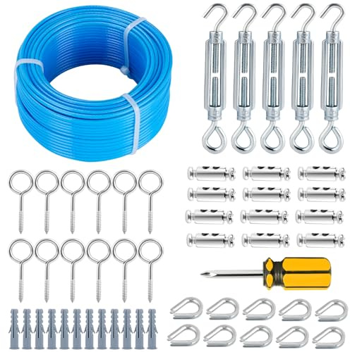 hannger 30M Drahtseil, 3MM Blau PVC Ummantelt Stahlseil mit Ösen & 7 × 7 Strängiges Drahtseil für Wäscheleine, Wäscheleinenspanner für T-Pfosten, String Licht Aufhängen, Garten Draht